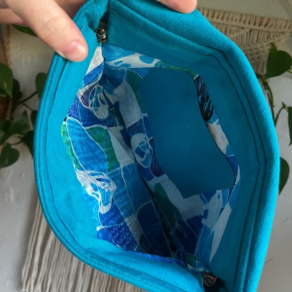 Vintage Turquoise Suede Floral Clutch Purse Handmade Boho Evening Bag Flower - Picture 5 of 7